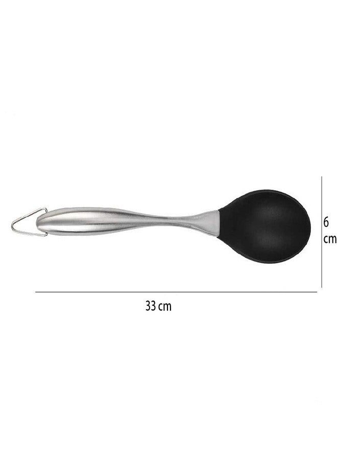 Ramkuwar Silicone Cooking Spoons Set Slotted & Solid Spoon with Stainless Steel Handle for Serving, Mixing Kitchen Utensils (Black) - Image 2